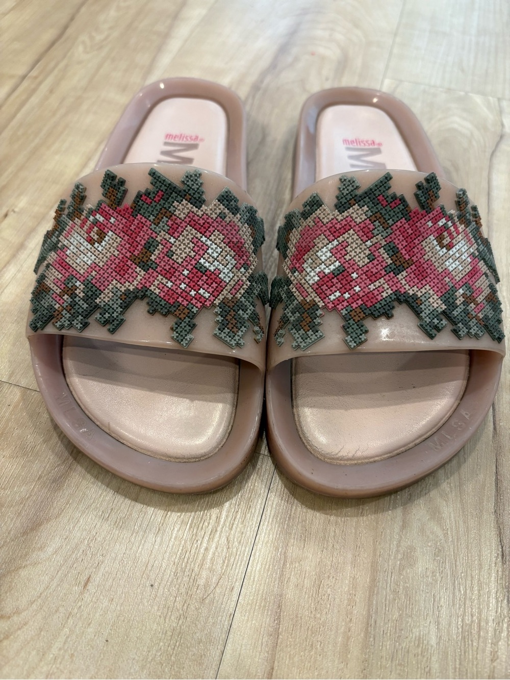 Melissa Pink Beaded Floral Slide Sandals